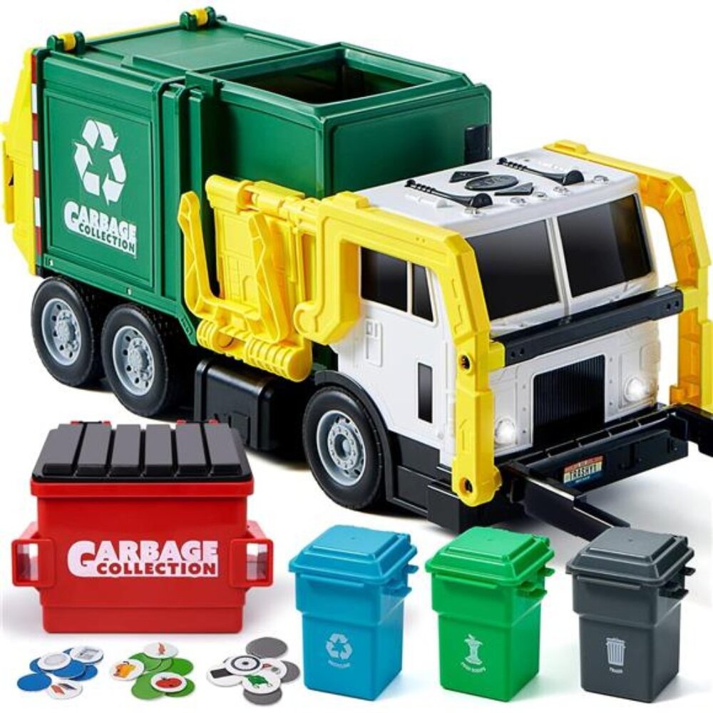 Large Friction Powered Garbage Truck Toy Set, Includes Dumpster, Trash Bins